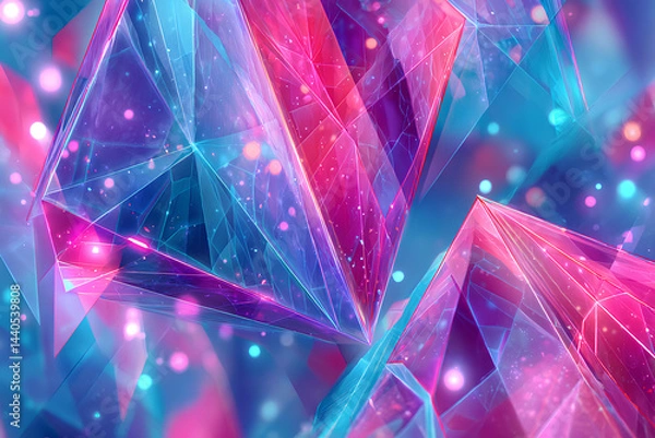 Fototapeta Abstract digital art with glowing geometric shapes in vibrant neon pink and blue featuring interlocking cubes and triangles floating in dark futuristic space

