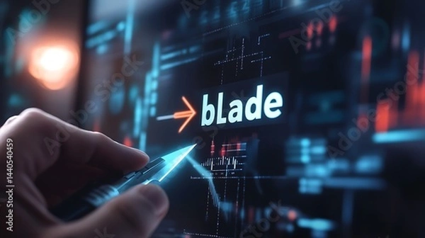 Obraz A professional illustrating a cost versus quality graph on a digital screen, featuring the word "blade" and upward arrows indicating success, captured in high resolution with natural light