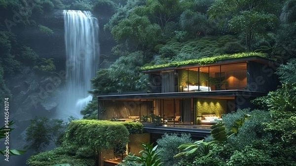 Fototapeta Scenic house nestled in lush jungle surrounded by greenery offering a unique blend of nature and architecture