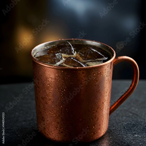 Fototapeta A close up of a copper mug filled with ice cubes and a dark liquid on a dark surface and background