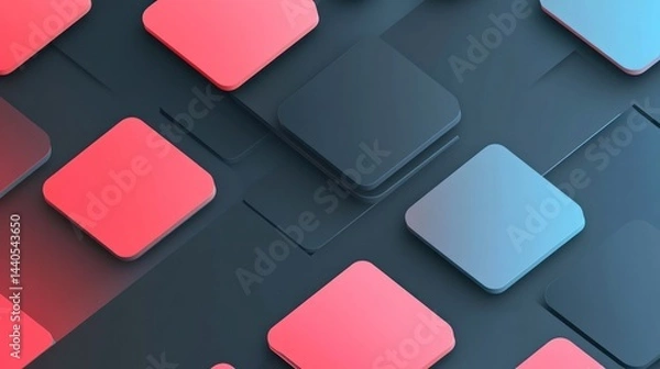 Fototapeta Abstract geometric pattern with red, blue, and gray squares on a dark background.