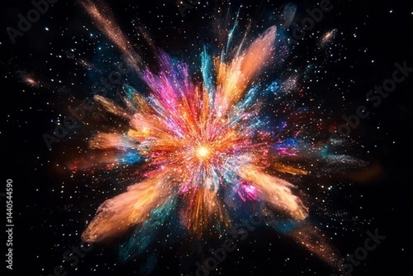 Fototapeta Cosmic explosion showcasing vibrant colors and swirling particles in deep space