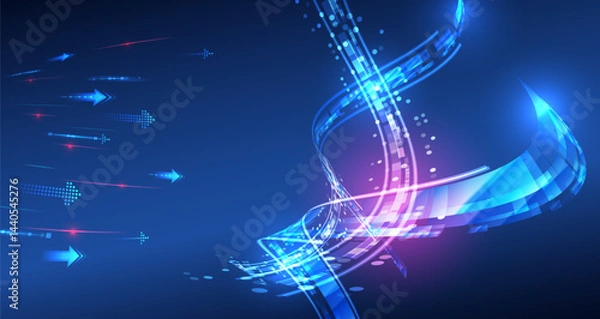 Obraz Glowing blue and purple effects create a dynamic and futuristic atmosphere. Digital technologies, data transfer, internet and innovation. Modern technological background with abstract lines, arrows.