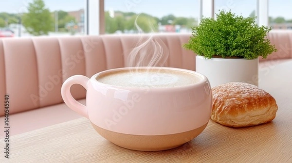 Obraz Steaming Cappuccino with Pastry and Plant on Woven Placemat