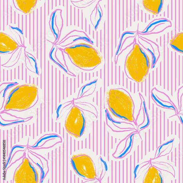 Obraz Lemons hand drawn seamless pattern design for textile print. Summer citrus fruit background with pink stripes.