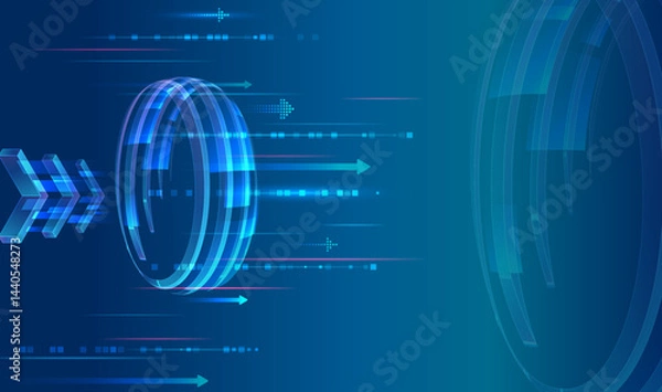 Obraz Abstract futuristic technology background with glowing blue rings, arrows, and digital elements on a gradient backdrop. Concept of innovation, speed, data transfer, and virtual communication.