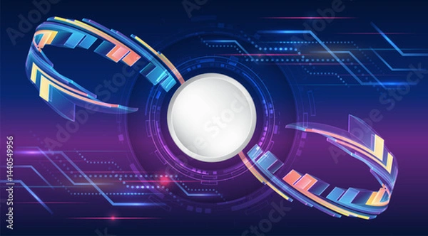 Obraz Futuristic abstract background with a central circle. Technological spiral elements with bright colors - blue, purple, orange and yellow - create the effect of movement and high technology.