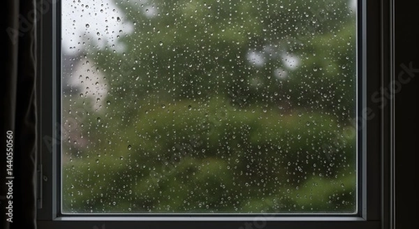 Fototapeta A window pane covered in raindrops with a blurred green background of trees and foliage outside view