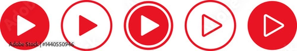 Obraz Play video red button icon, sign isolated on white background. Trendy circle play button icon in flat style. Radio symbol, video player, arrow.