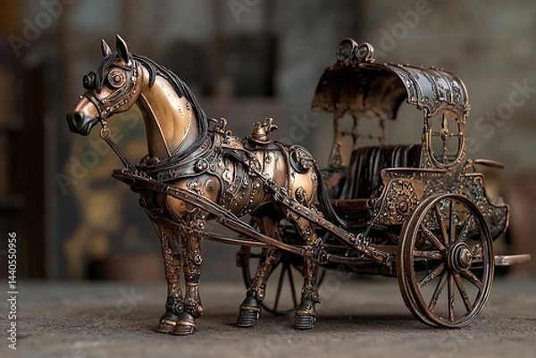 Fototapeta Intricate steampunk horse-drawn carriage showcasing unique mechanical design and vintage aesthetics in a dimly lit environment