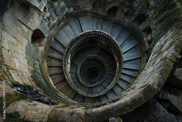 Fototapeta Endless spiral staircase viewed from above, showcasing a mesmerizing architectural design in a historic building