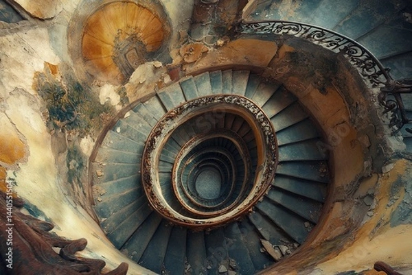 Fototapeta Endless spiral staircase viewed from above, showcasing a mesmerizing architectural design in a historic building