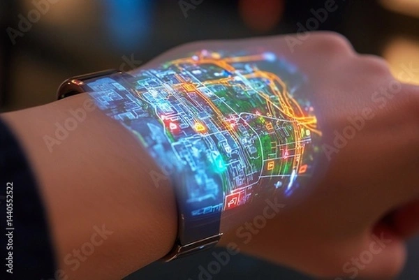 Fototapeta 3D holographic map displayed from a wristband illuminates the hand with vibrant city pathways and landmarks during the evening