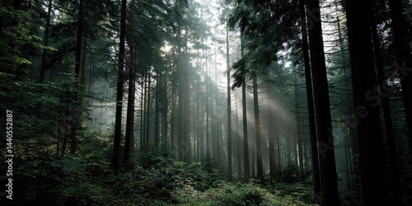 Fototapeta Ethereal Forest Sunlight Whispers Through Misty Trees Woodland Dawn Light Play Nature's Embrace Forest Scenery Sunbeams Through Fog Mystical Woods Ambience

