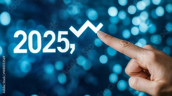 Obraz A professional pointing at a digital screen showing a growth arrow graph and the word "2025," representing the concept of driving business success