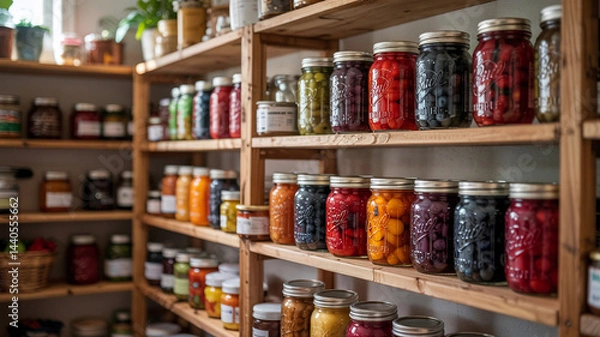 Fototapeta A pantry stocked with colorful berry jars