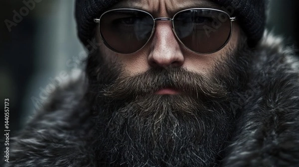 Obraz Man with Beard and Sunglasses. Stylish Look, Distinctive Face Features, and Fur