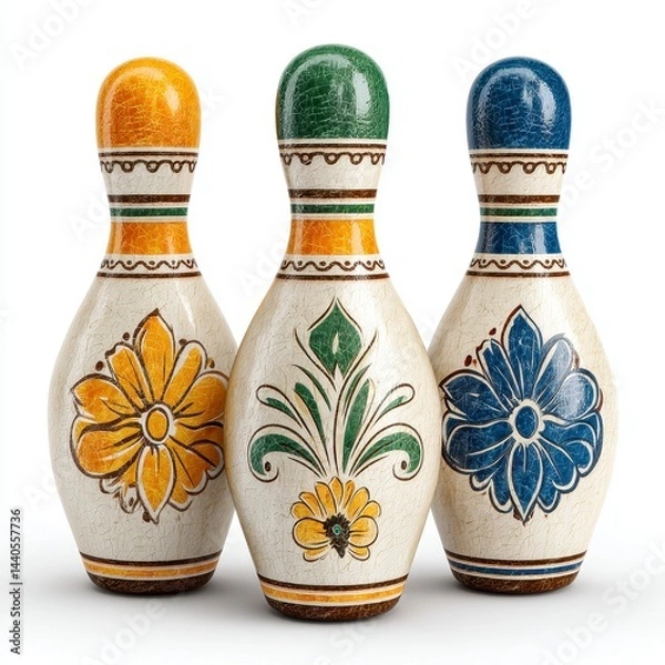 Obraz Three Ornate Bowling Pins with Floral Mosaic Designs