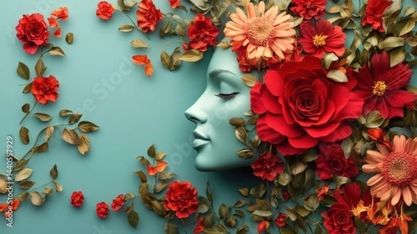 Obraz Serene Woman Profile Adorned with Lush Red Roses and Floral Elegance on Blue