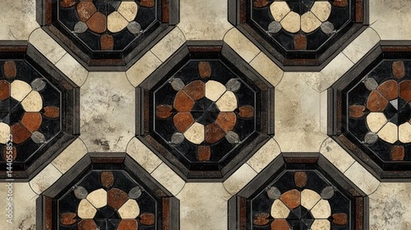 Obraz Ornamental Flower Tile Pattern, Octagon Motif, Geometric Design, Floor Tile, Aged Texture, Interior Design, Flooring, Surface