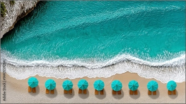 Fototapeta Tranquil Beach Scene Aerial View of Turquoise Water and Teal Umbrellas