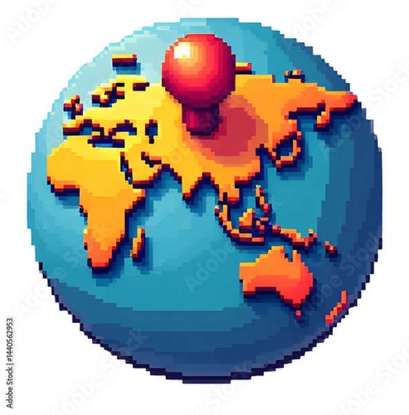 Fototapeta Pixel art globe with pin, colorful world map, vibrant colors, digital design,cut out