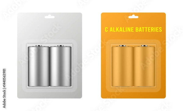 Fototapeta C alkaline batteries in a package with transparent window and hanging hole. Realistic mockup