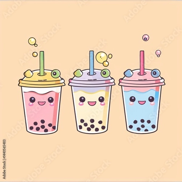 Fototapeta set of cute clipart of Bubble tea should have smiling faces