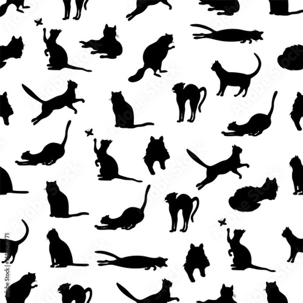 Obraz Seamless pattern of black silhouettes of cats in various poses on a white background.Vector pattern of pets for textiles, backgrounds, and packaging of cat products.