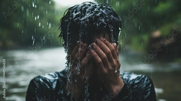 Fototapeta Man covers face with hands in rain, sad