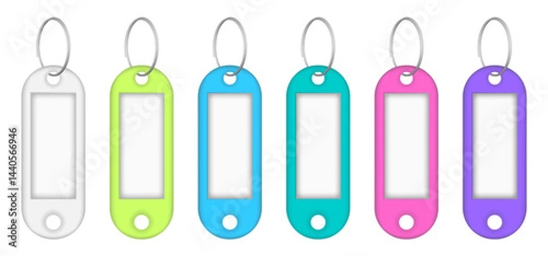 Obraz Set of multicolored key tags with split ring and window. White, neon green, light blue, teal, pink and purple labels. Keyring, keychain	
