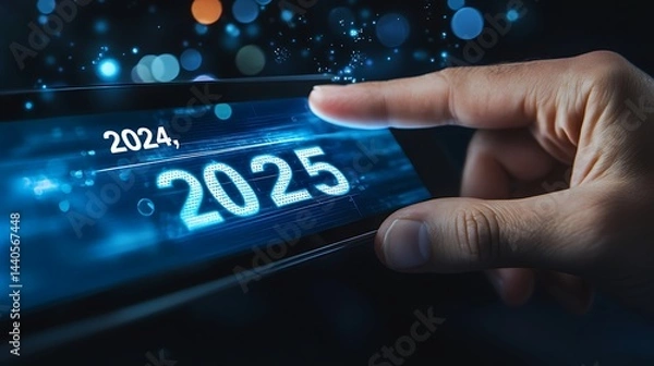 Obraz A professional using a smartphone to touch a digital progress bar that reads "2024," while another hand points to "2025," illustrating future business aspirations