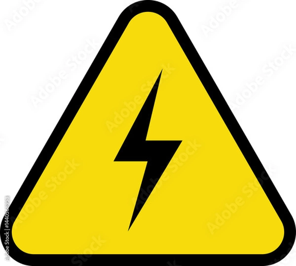 Fototapeta Danger high voltage sign vector. Isolated black and yellow triangle sign with eletric lightning. Electrical shock hazard icon. Caution electric shock danger symbol.