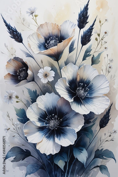Fototapeta Create a watercolor painting of Wild Flowers, featuring velvet petals and silver details, creating a serene ambiance with a softly diffused background.