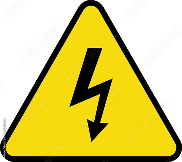 Fototapeta Danger high voltage sign vector. Isolated black and yellow triangle sign with eletric lightning. Electrical shock hazard icon. Caution electric shock danger symbol.
