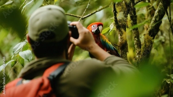 Fototapeta Man taking a photo of a scarlet macaw in rainforest