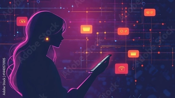 Obraz A professional using a smartphone to develop a chatbot icon, with a backdrop of digital data representing software innovation