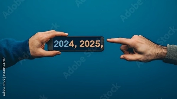 Obraz A professional using a smartphone to touch a digital progress bar that reads "2024," while another hand points to "2025," illustrating future business aspirations