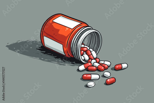 Fototapeta Pouring red and white pills from a bottle on a table.