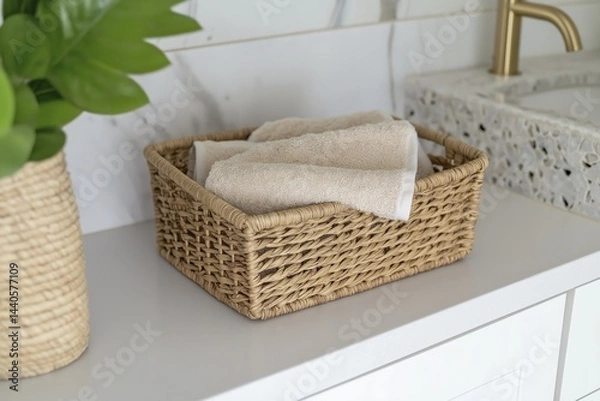 Obraz Rustic wicker basket with towels on modern bathroom vanity countertop