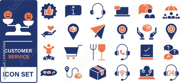 Fototapeta Customer service icon set. Containing customer satisfied, assistance, experience, feedback, operator and technical support icons.