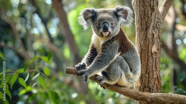 Fototapeta Koala bear resting peacefully on a branch amidst lush eucalyptus trees in Australia’s serene forest