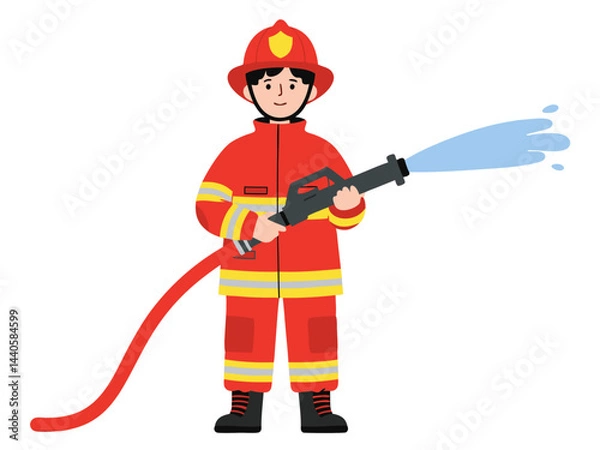 Obraz Cartoon Firefighter Character Holding Hose with Water Stream in Bright Red Uniform