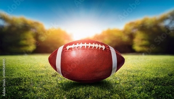 Obraz a red american football on a grassy field with a blurred background of trees and sunlight