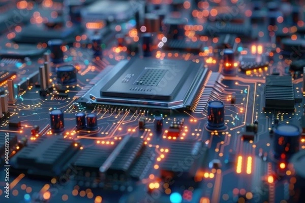 Fototapeta Exploring the intricate details of a complex electronic circuit board with vibrant elements