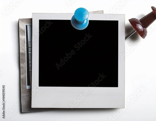 Obraz polaroid style photo frame with pushpin isolated white background
