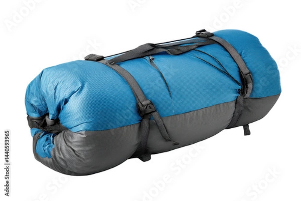 Fototapeta Rolled blue sleeping bag isolated on transparent png background
