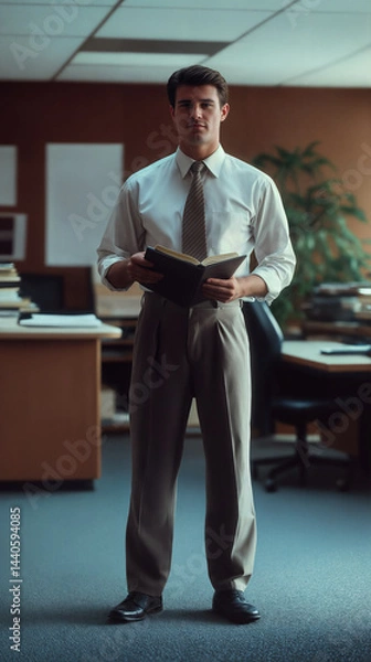 Fototapeta A person stands in a 1980s office, wearing formal attire. The room features a wooden desk, shelves, and stacks of papers, creating a professional and retro ambiance.