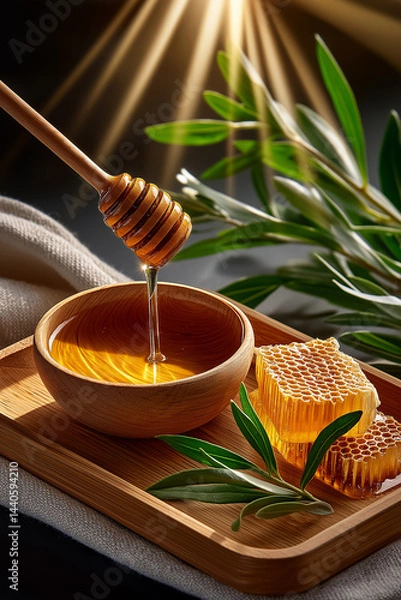 Fototapeta Golden Honey's Sweetness: A close-up shot of golden honey cascading from a wooden dipper into a rustic bowl, accompanied by honeycomb and foliage, captures the essence of nature's sweetness.