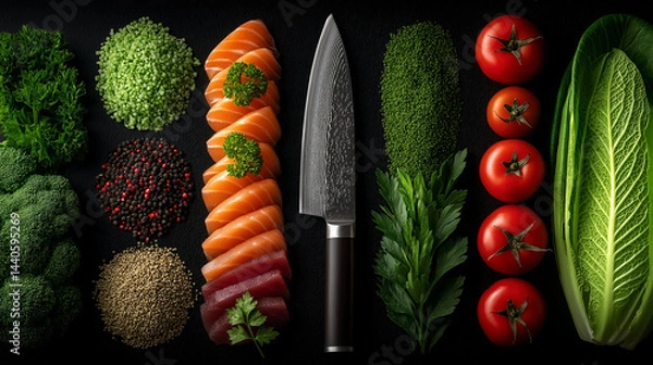 Fototapeta Culinary Symphony: A captivating, high-angle shot displays a chef's knife amidst a vibrant array of meticulously arranged ingredients, suggesting culinary artistry and the promise of a delicious meal.